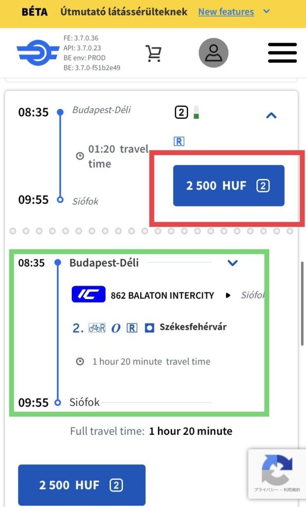 ハンガリー国鉄チケット購入案内　列車名などの詳細を確認