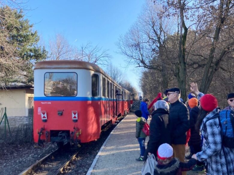 ブダペスト子供鉄道のNormafa駅で下車した人々