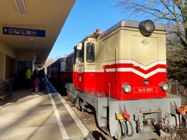 ブダペスト子供鉄道Hűvösvölgy駅のプラットホームに停車する列車