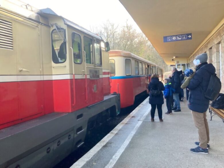 Hűvösvölgy駅のプラットホームに入ってくる子供鉄道