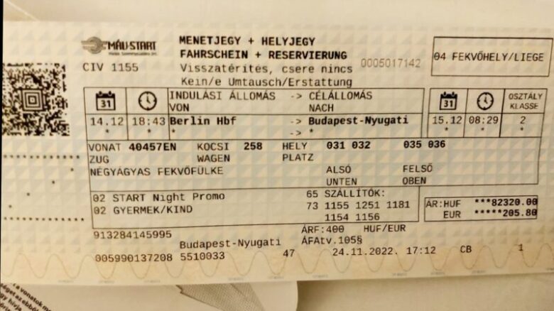 ハンガリーのブダペストからドイツのベルリンまでの寝台列車　紙の乗車チケット