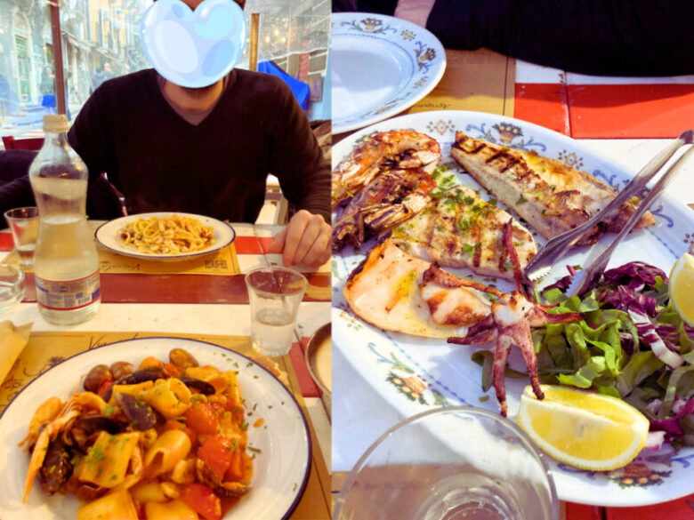 カターニアのレストラン Vuciataのパスタ、メインのシーフード盛り合わせ