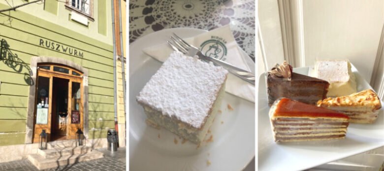 ブダペストのおすすめ老舗カフェ　ルスヴルムの入口、ケーキの様子