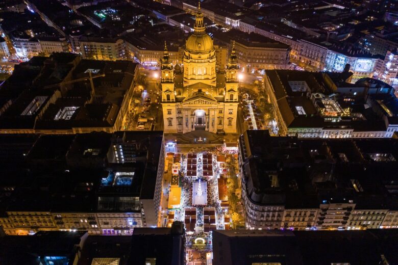 聖イシュトヴァーン大聖堂前のクリスマスマーケットの上空写真