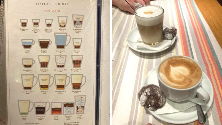 ブダペストのMENZAレストランのコーヒーメニューと、オーダーしたコーヒー２種類