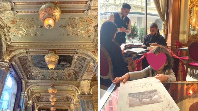 ブダペストのニューヨークカフェの天井（左側）、テーブルにつく娘に、後ろでオーダーを取るウェイターとお客さん