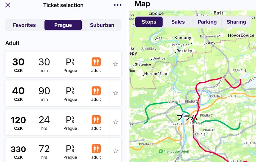 プラハ交通局（PID）の携帯アプリの画面を撮影