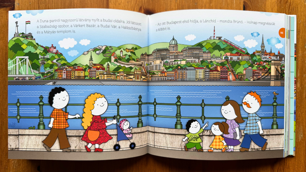 ブダペストの観光絵本「Brúnó bemutatja Budapestet」のペスト側から見るブダ側とドナウ川の風景