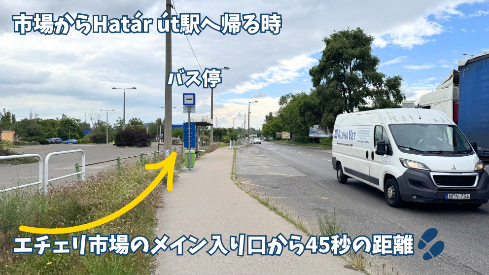 街へ戻るには、絵チェリ市場のメインゲートの左前にあるバス停を利用