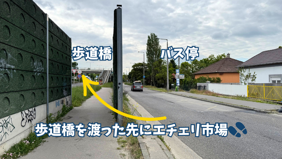 Naszód utca (Használtcikk piac)バス停で下車をしたら、歩道橋の方向へすすむ