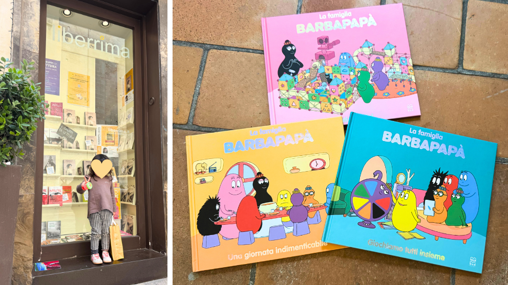 イタリアで見つけたバーバパパの絵本と、本屋さんのショーウィンドウの様子