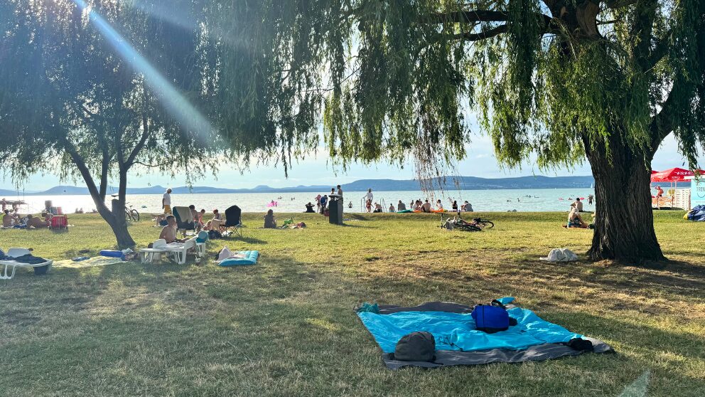 ハンガリーのバラトン湖畔の町、Balatonnlelleの無料ビーチに敷いたピクニックシート