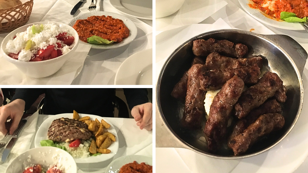 セルビアの首都ベオグラードの旧市街のレストランで食べたチェヴァピとプレスカヴィツァ、アイヴァルとサラダ
