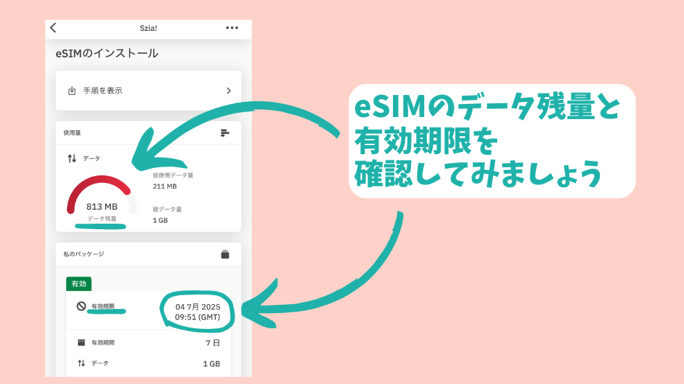 eSIMのアプリのデータ残量と有効期限を確認する画面