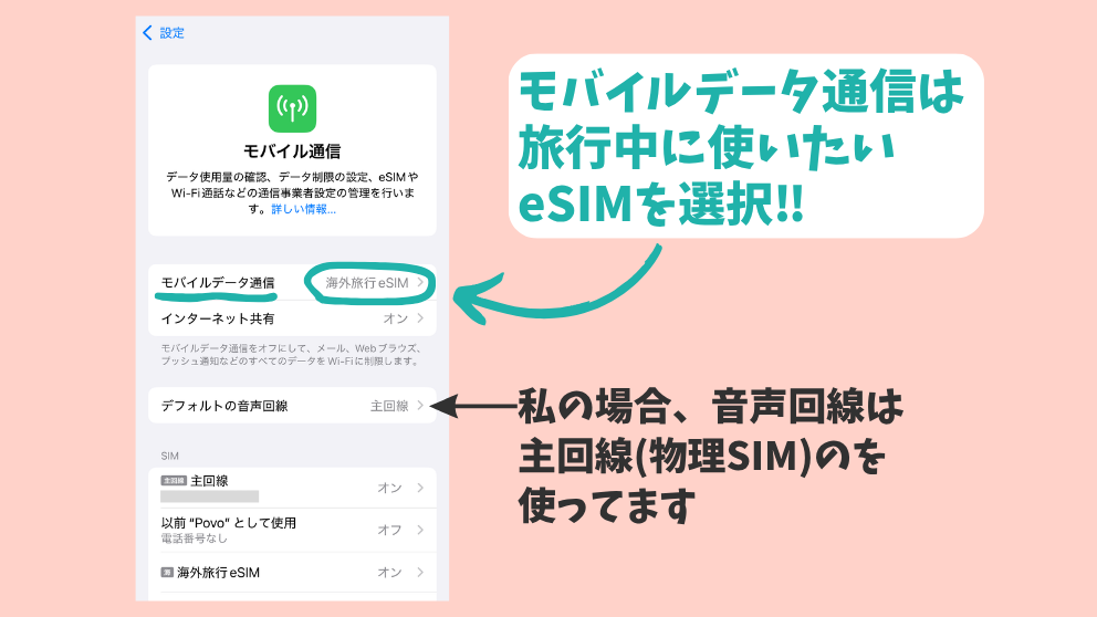 モバイルデータ通信が使いたいeSIMを選択していることを示す画像