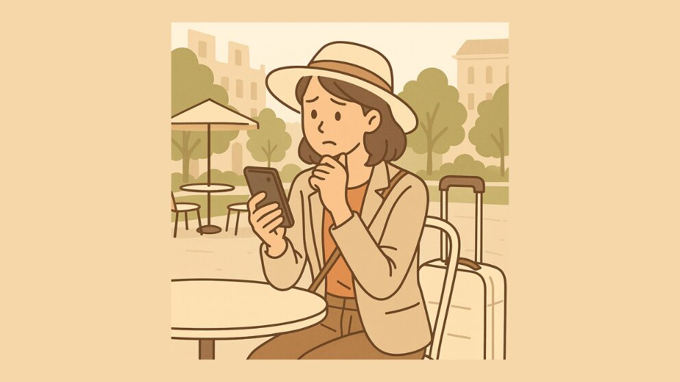 旅先でスマートフォンが使えずに困っている女性のイメージ画像