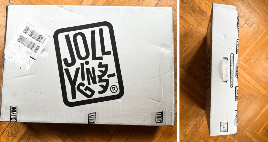 スーツケースブランドJOLLYINGの、折りたためるスーツケース「PEBBLE」が自宅に届いた時の様子。平たい箱に入っていた