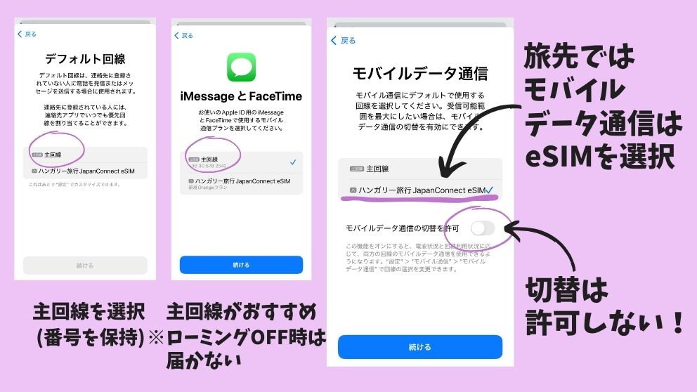 ジャパンコネクト・イーシム（JapanConnect eSIM）のインストール終了後、デフォルト回線やモバイルデータ通信のiPhone設定画面