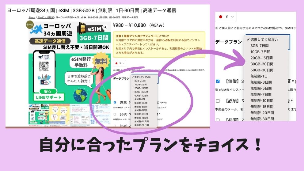 ジャパンコネクト・イーシム（JapanConnect eSIM）のヨーロッパ34カ国周遊プラン。データプランが13種類ある