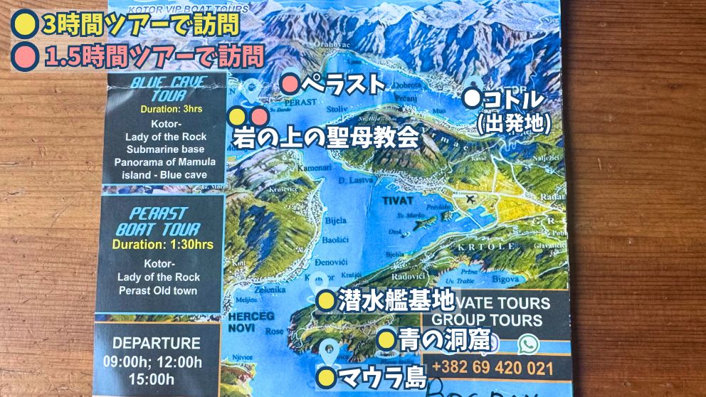 モンテネグロの世界遺産・コトルからのスピードボートツアーのパンフレット。各ツアーの訪問場所を日本語で追記