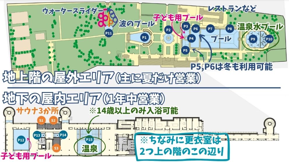 ブダペストにあるマルギット島のパラティヌス温泉プール。屋外エリアと屋内エリアのマップに、案内を日本語で追加