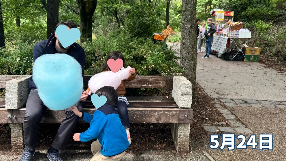 ブダペストのゲッレールトの丘にある公園のベンチで、大きな綿あめを食べる娘と息子