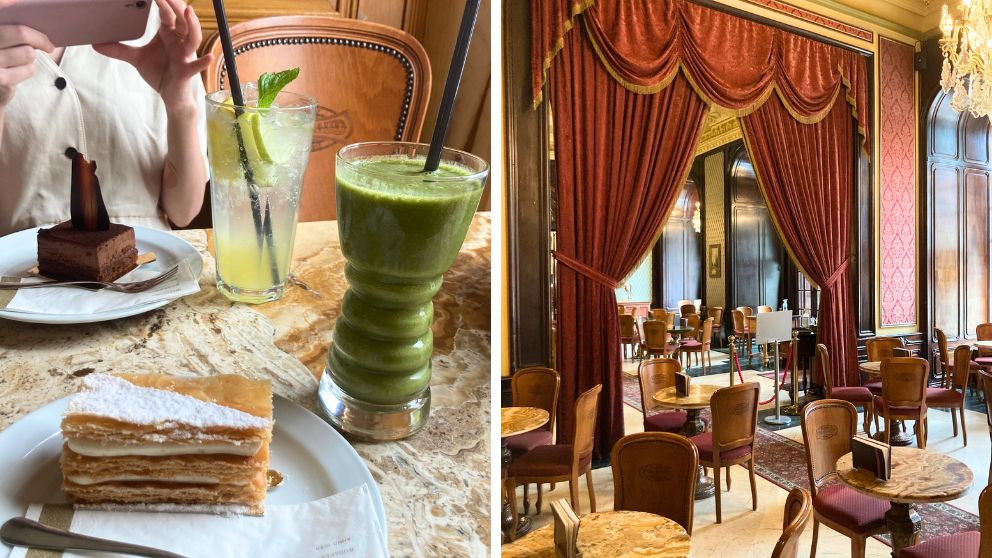 ブダペスト5区にある老舗カフェ・ジェルボーで注文したケーキとドリンク。赤いクラシックなカーテンがエレガントな雰囲気を出している
