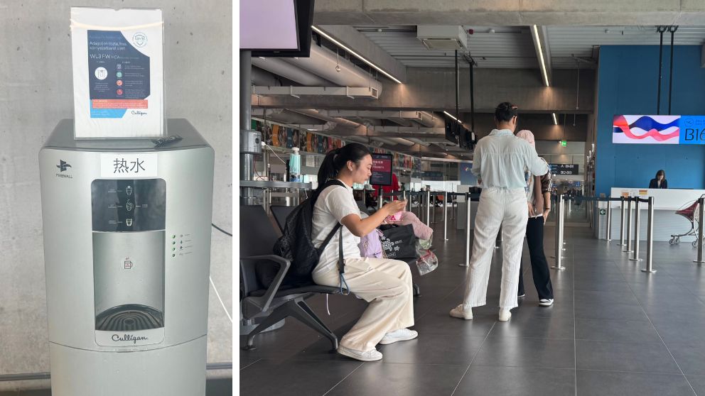 ブダペスト空港に置いてあるウォーターサーバーには中国語の表記も。
カップラーメンを搭乗ゲートの前で食べる女性