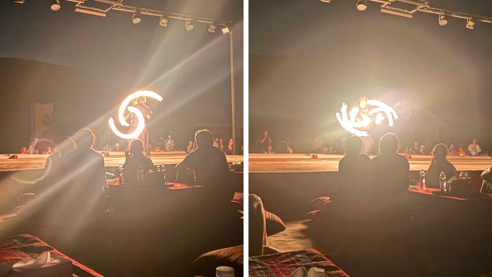 アブダビの砂漠ツアーのデザートキャンプで披露されたファイアーダンス