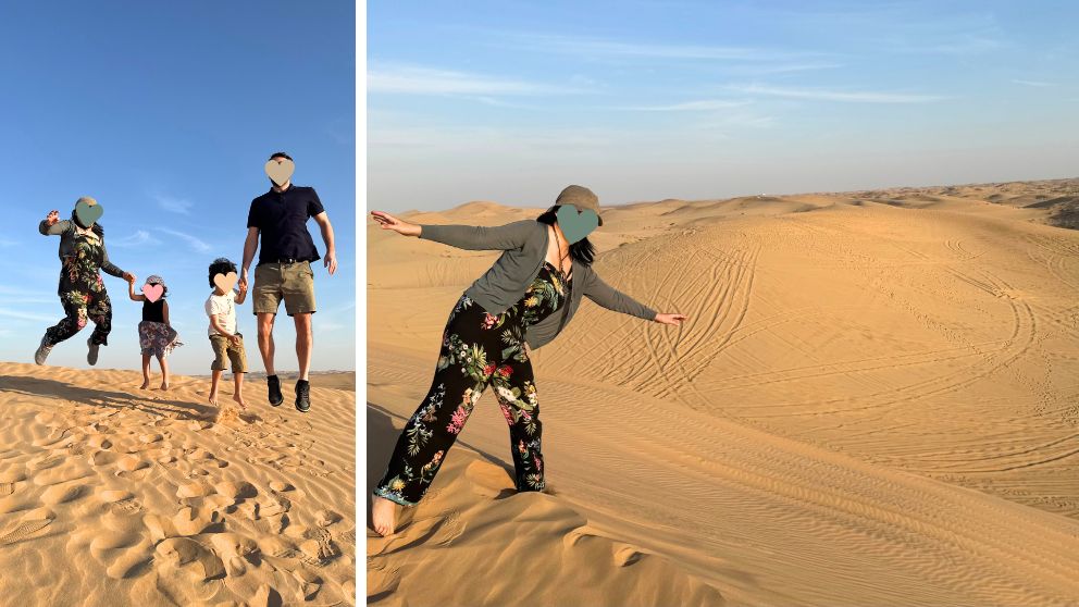 アブダビの砂漠ツアーのフォトストップで、家族で記念写真