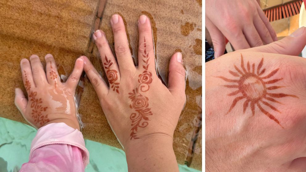 アブダビの砂漠ツアーのデザートキャンプで描いてもらったヘナタトゥーを、後日撮影した様子。私と娘には花柄、夫には太陽柄