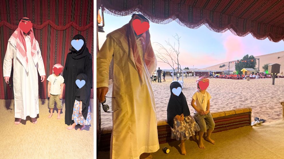 アブダビの砂漠ツアーのデザートキャンプで、アラブ風の衣装を借りて家族で記念写真