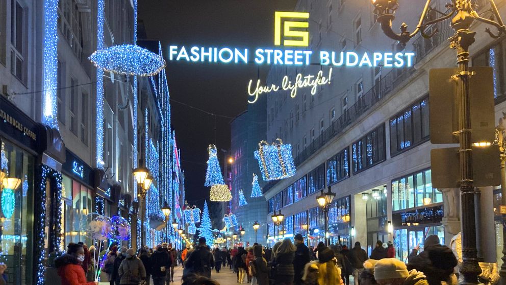 ブダペストのデアーク広場から伸びる買い物通り(ファッションストリート)の青っぽいライトアップの様子