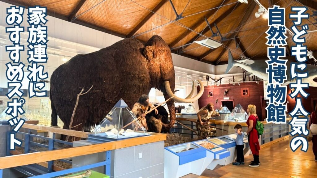 ブダペストにあるハンガリー自然史博物館に飾られたマンモスと原始人の模型を眺める親子