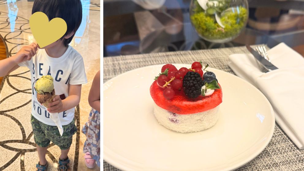 アブダビにあるホテルKhalidiya Palace Rayhaanのラウンジカフェのジェラートを食べる息子。娘のオーダーしたケーキ