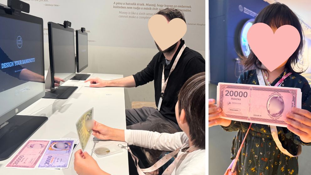 ハンガリー貨幣博物館の紙幣をデザインするエリア。パソコンでオリジナル紙幣を作る夫と息子。完成した紙幣を持つ娘