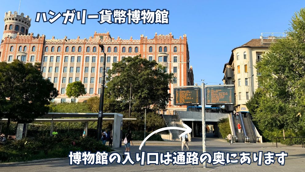 ハンガリー貨幣博物館の外観と、入り口までの道を示す画像