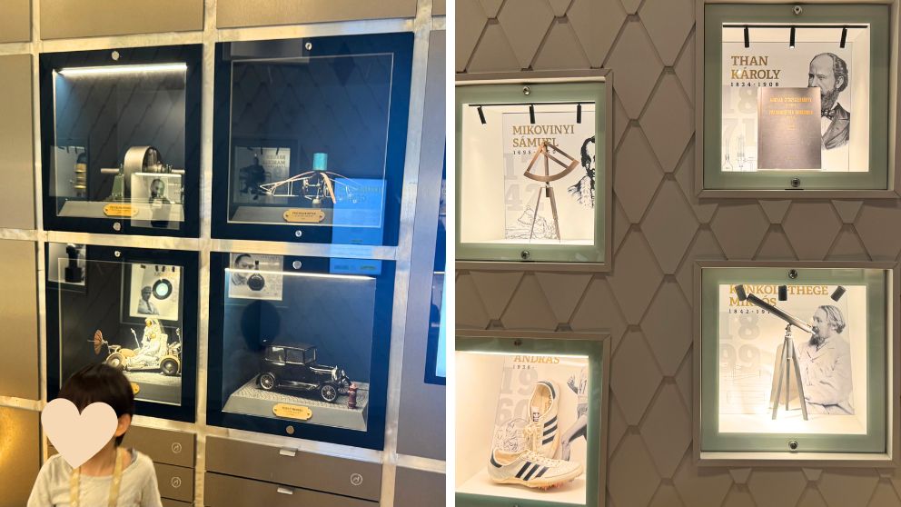 ハンガリー貨幣博物館で、ハンガリーの発明家や技術者たちの功績を展示するエリア。陳列が美しい