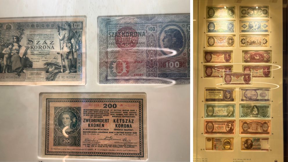 ハンガリー貨幣博物館の古い紙幣のコレクションエリア
