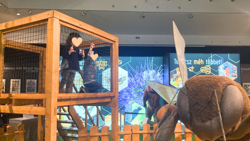 ブダペストのハンガリー自然史博物館の大きなミツバチの模型を階段の上のスペースから眺める息子と娘