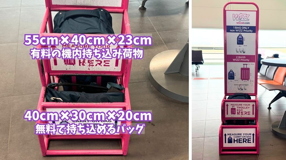 ブダペスト空港に置いてあるWizz Airの手荷物の大きさを確認できるボックス