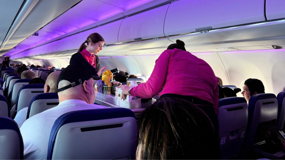 Wizz Air機内でサービスを提供する客室乗務員