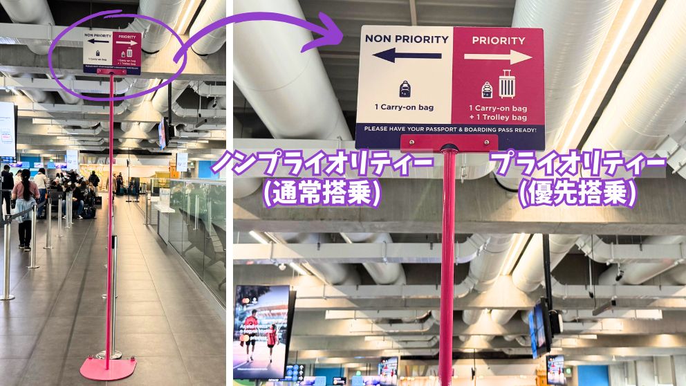 ブダペスト空港のWizz Air搭乗口。プライオリティーとノンプライオリティーの入り口を示す看板