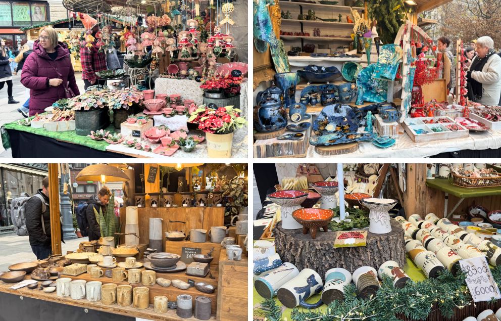 ブダペストのVorosmarty terのクリスマスマーケットの屋台の様子。冬季の商品が鮮やかで美しい