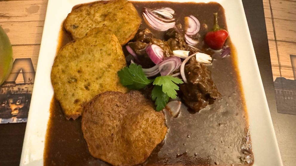 チェコで出てきた「グラーシュ」。ソースがたっぷりのシチュースタイルで、じゃがいものダンプリングが添えられている