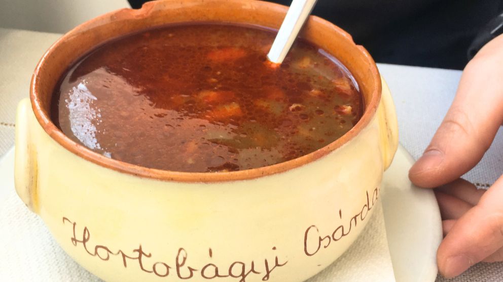 大きなお皿にたっぷりはいったグヤーシュスープ。ホルトバージ国立公園のレストラン名がお皿に書かれている