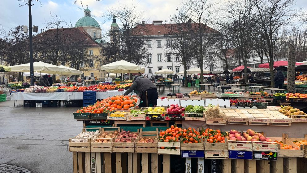 リュブリャナ中央市場で新鮮な野菜が並んでいる様子