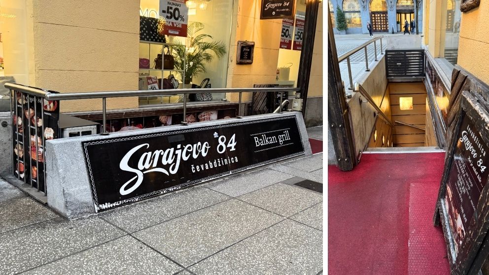 レストラン入り口の様子、地下へ階段が続く