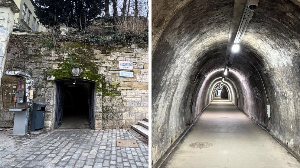 ザグレブのグリッチ・トンネルの入り口と内部の様子
