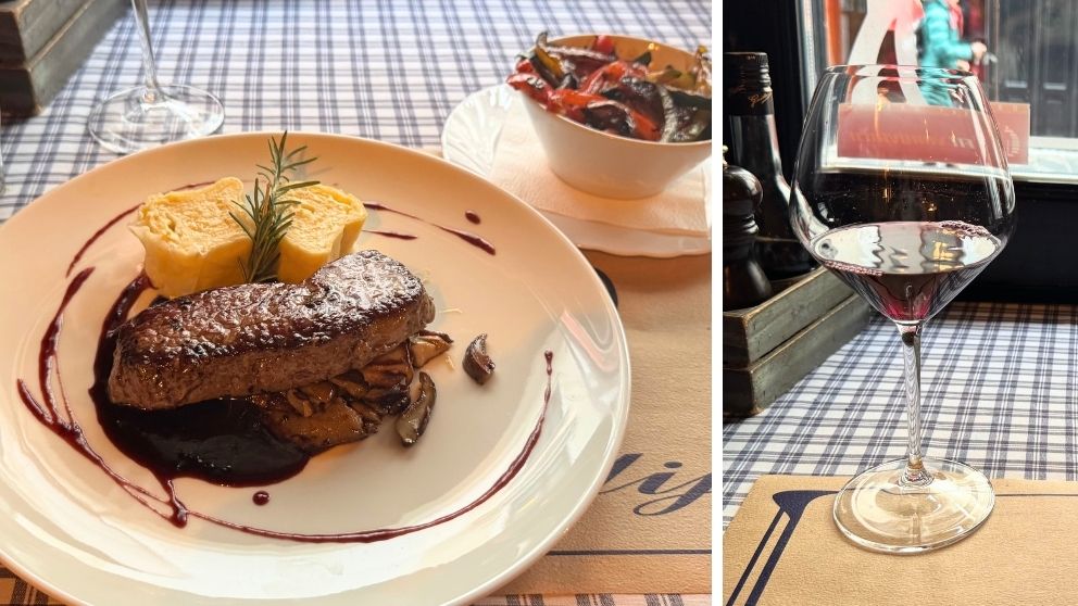 Julijaでオーダーしたランプステーキのメインディッシュとグリル野菜、グラスワイン